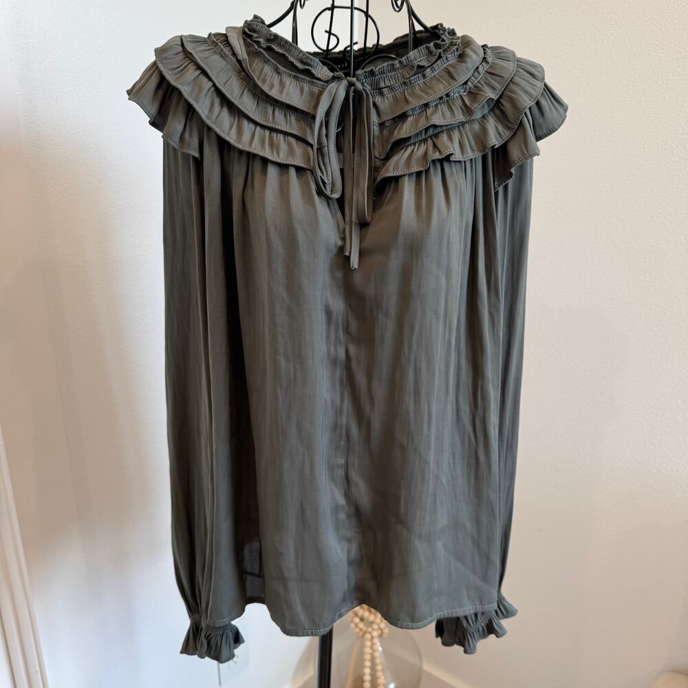 Anthropologie x Current Air Ruffle Satin Olive Green Peasant Blouse NWT Med